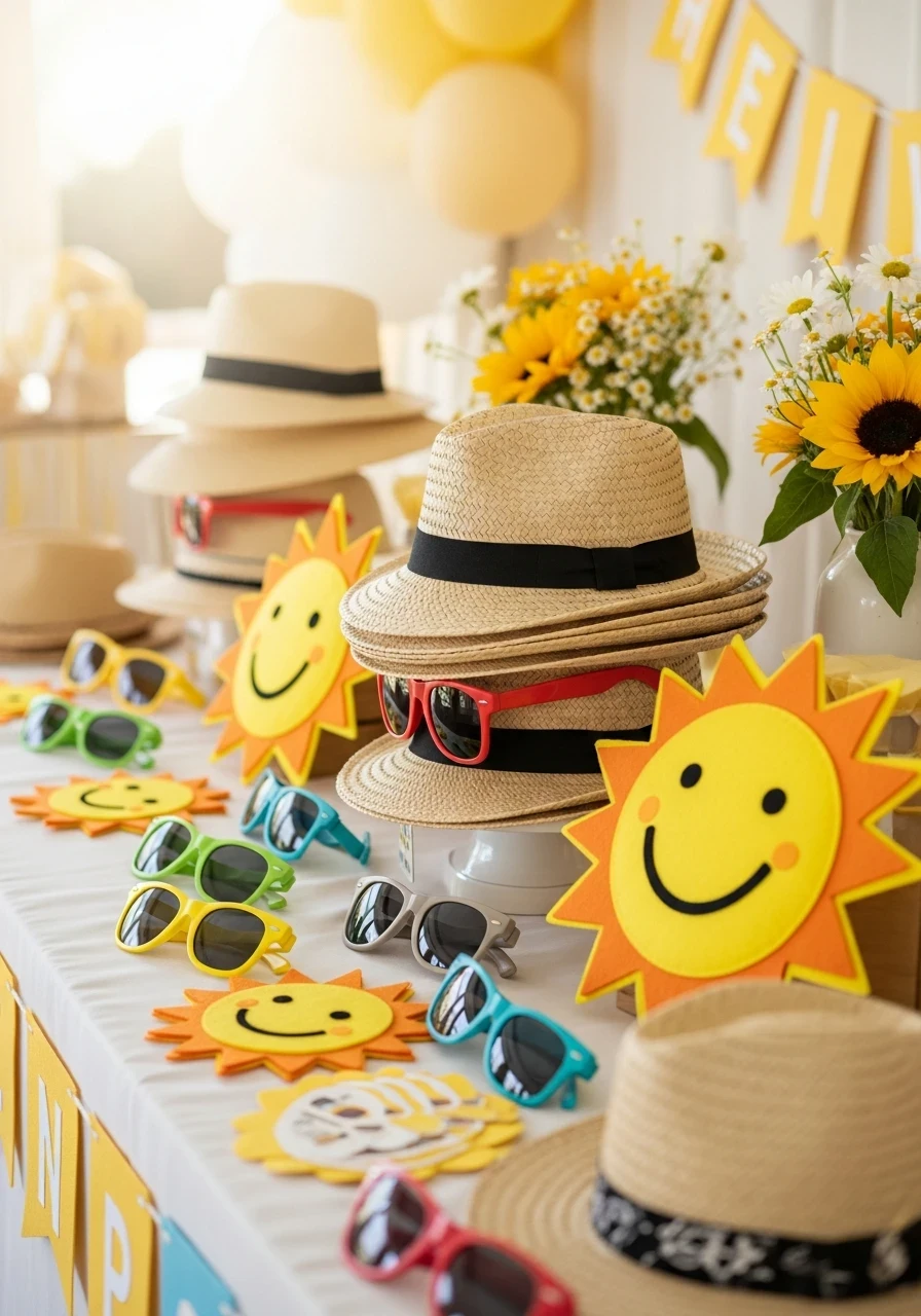 A party favor table for a 'here comes the sun' baby shower with stacks of straw hats and colorful sunglasses for guests.