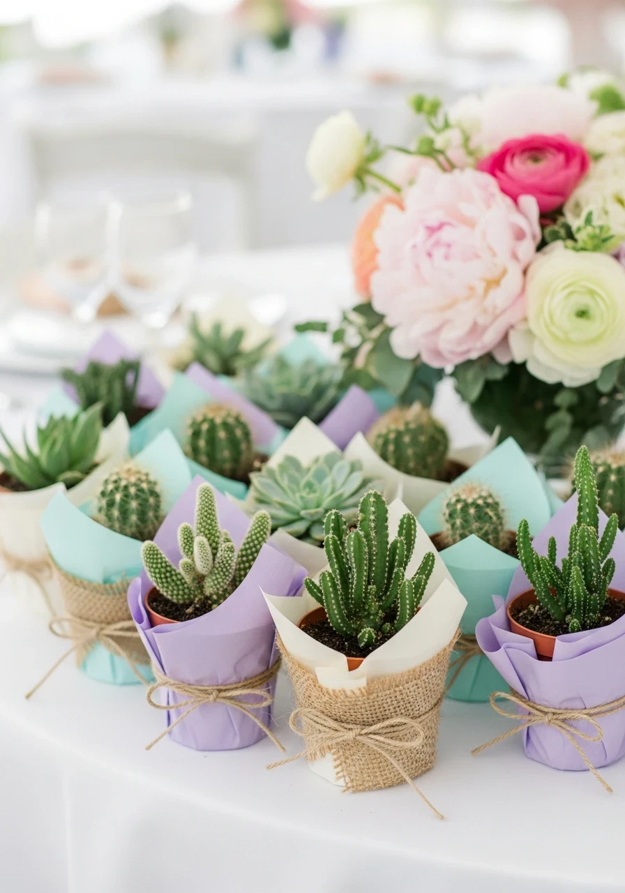 A collection of small potted succulents and cacti wrapped in pastel paper and burlap, serving as party favors for a spring bridal shower.