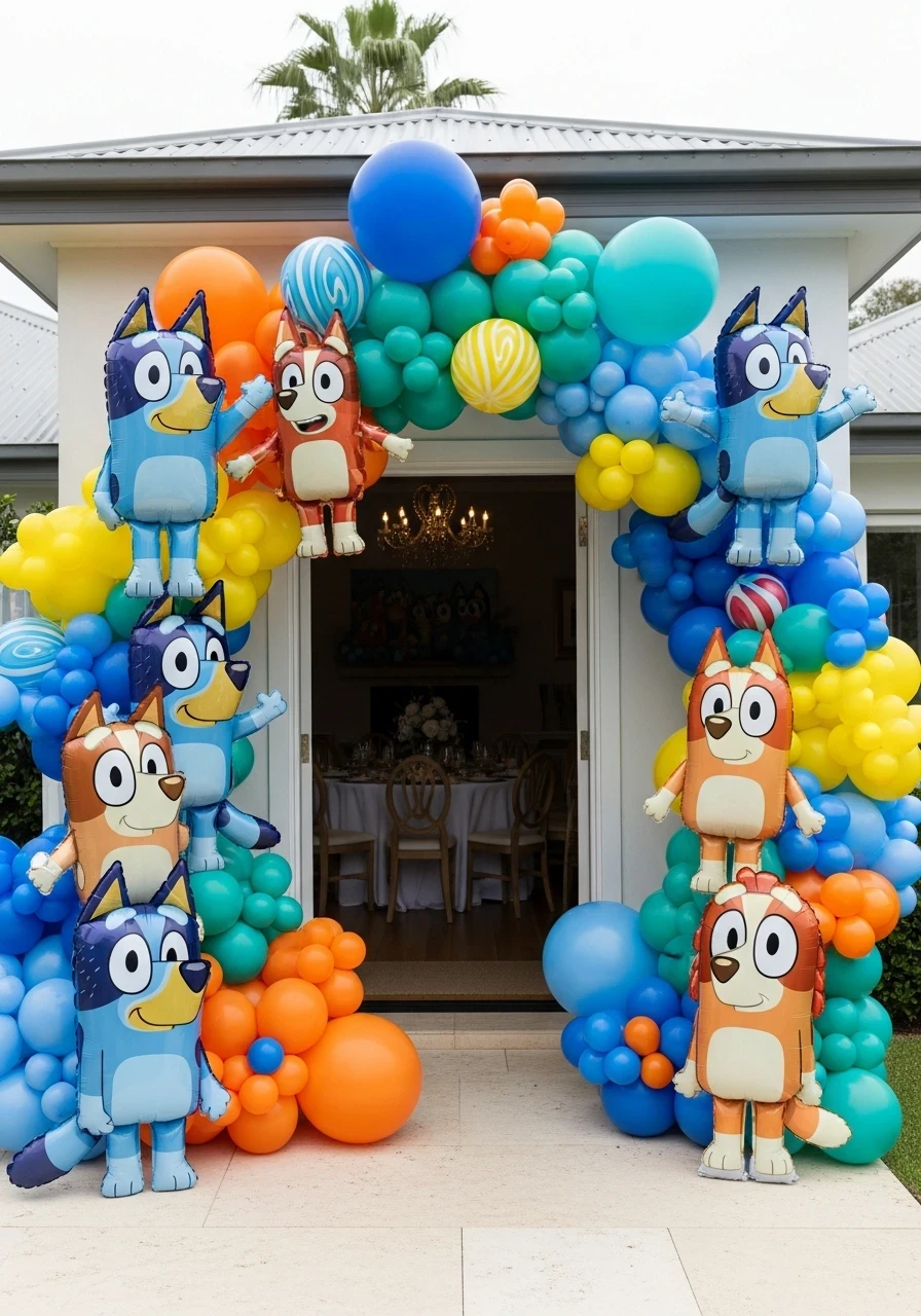 A large Bluey-themed birthday party balloon arch with character balloons of the Heeler family framing a home's front door.