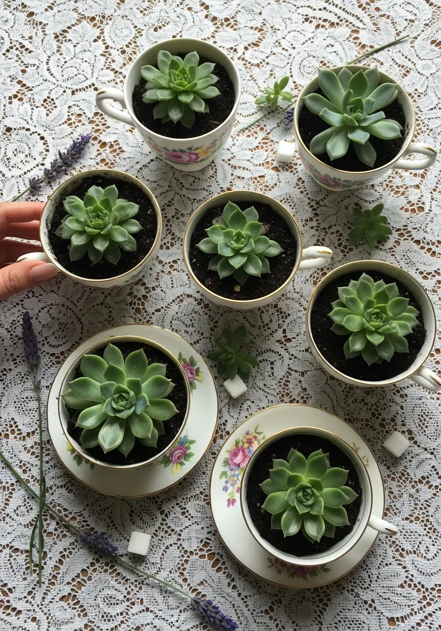 Overhead view of several mismatched floral teacups and saucers arranged on a white lace tablecloth, each planted with a small green succulent.