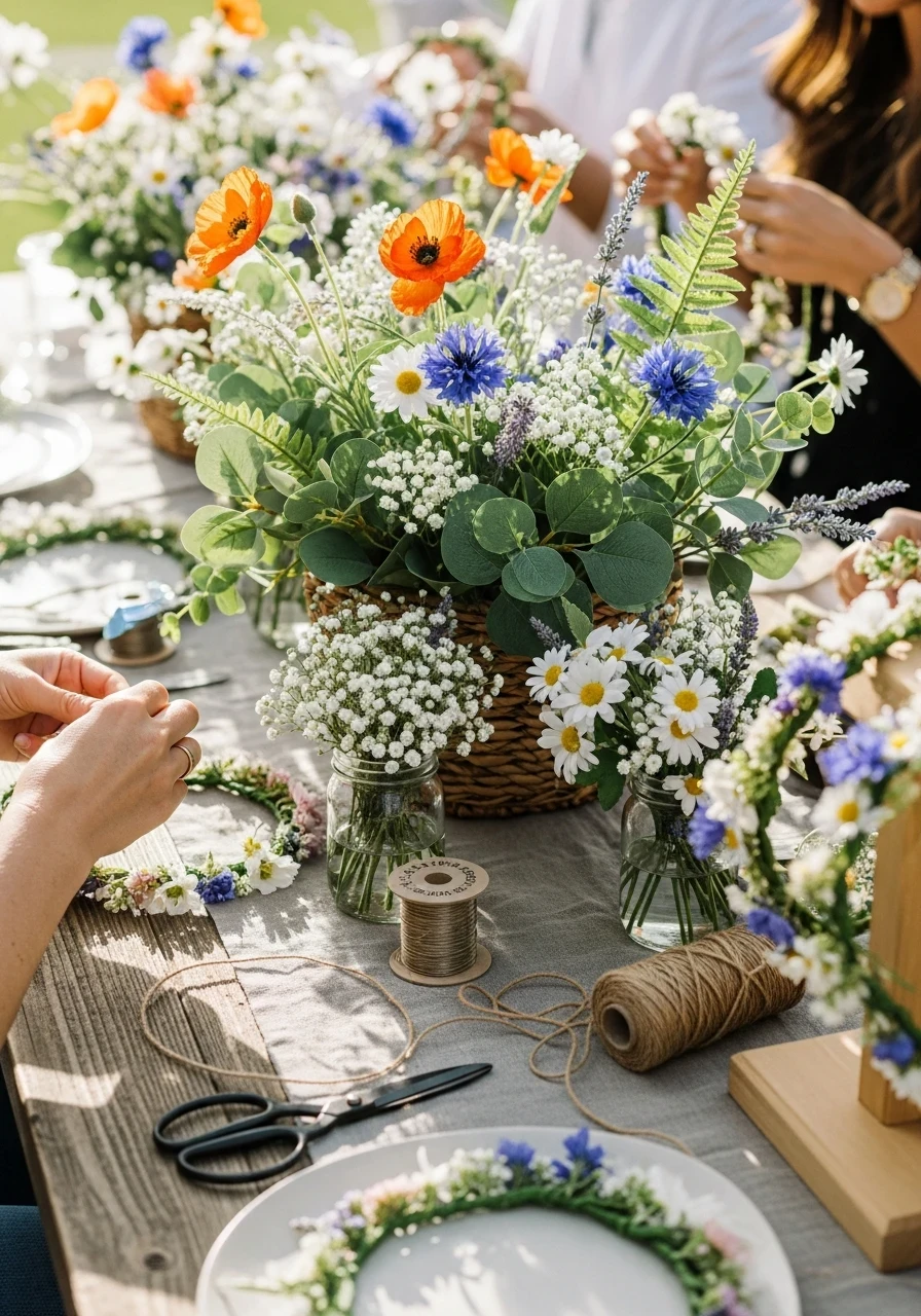A rustic DIY flower crown station with a wicker basket centerpiece of orange poppies and blue cornflowers for a wildflower baby shower.