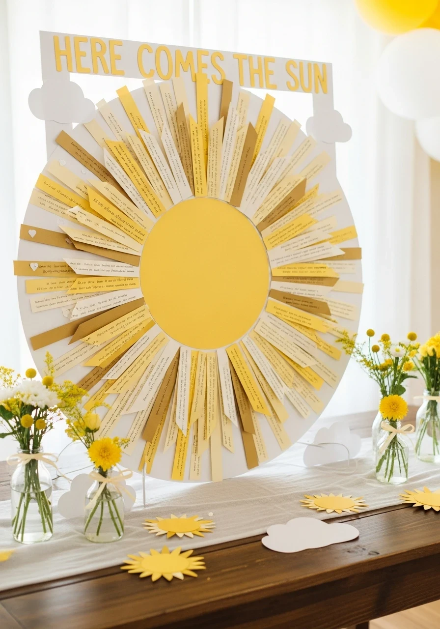 A large DIY sun-shaped guest book for a 'Here Comes the Sun' baby shower, with paper strips for guest messages.