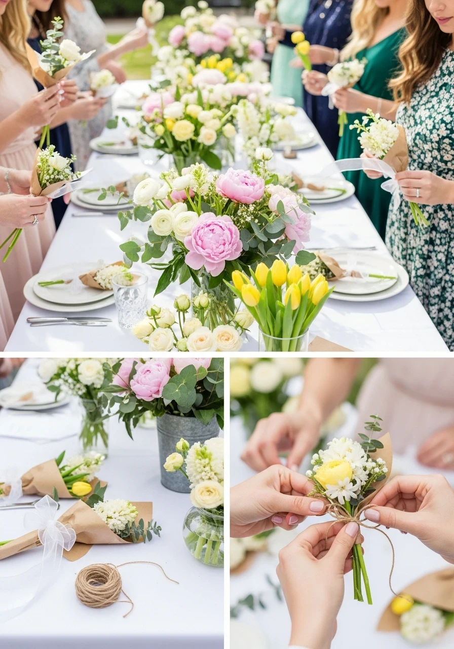 Collage of a spring bridal shower where guests make their own flower bouquets with pink peonies and yellow tulips.