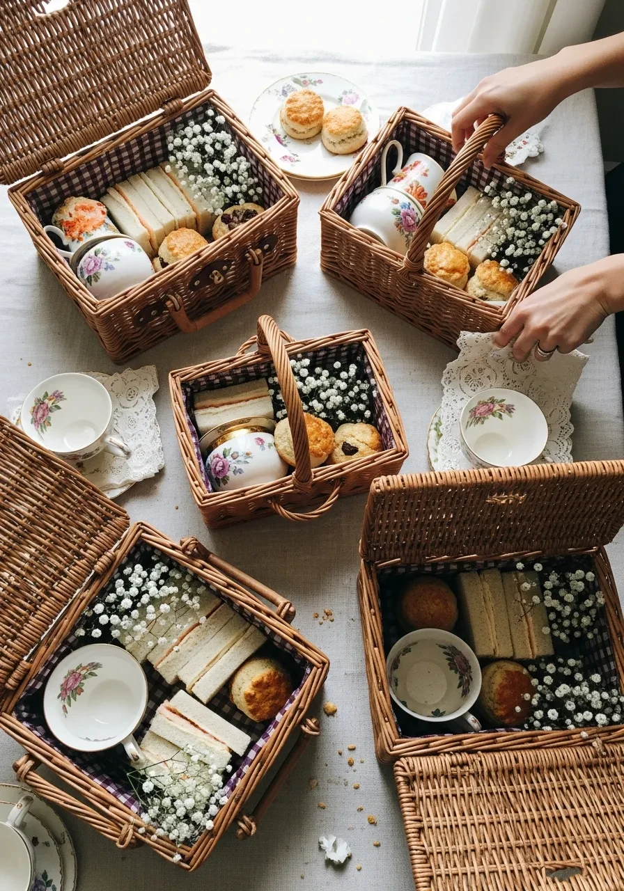 Overhead view of small wicker picnic baskets filled with finger sandwiches, scones, and floral teacups for a bridal shower.