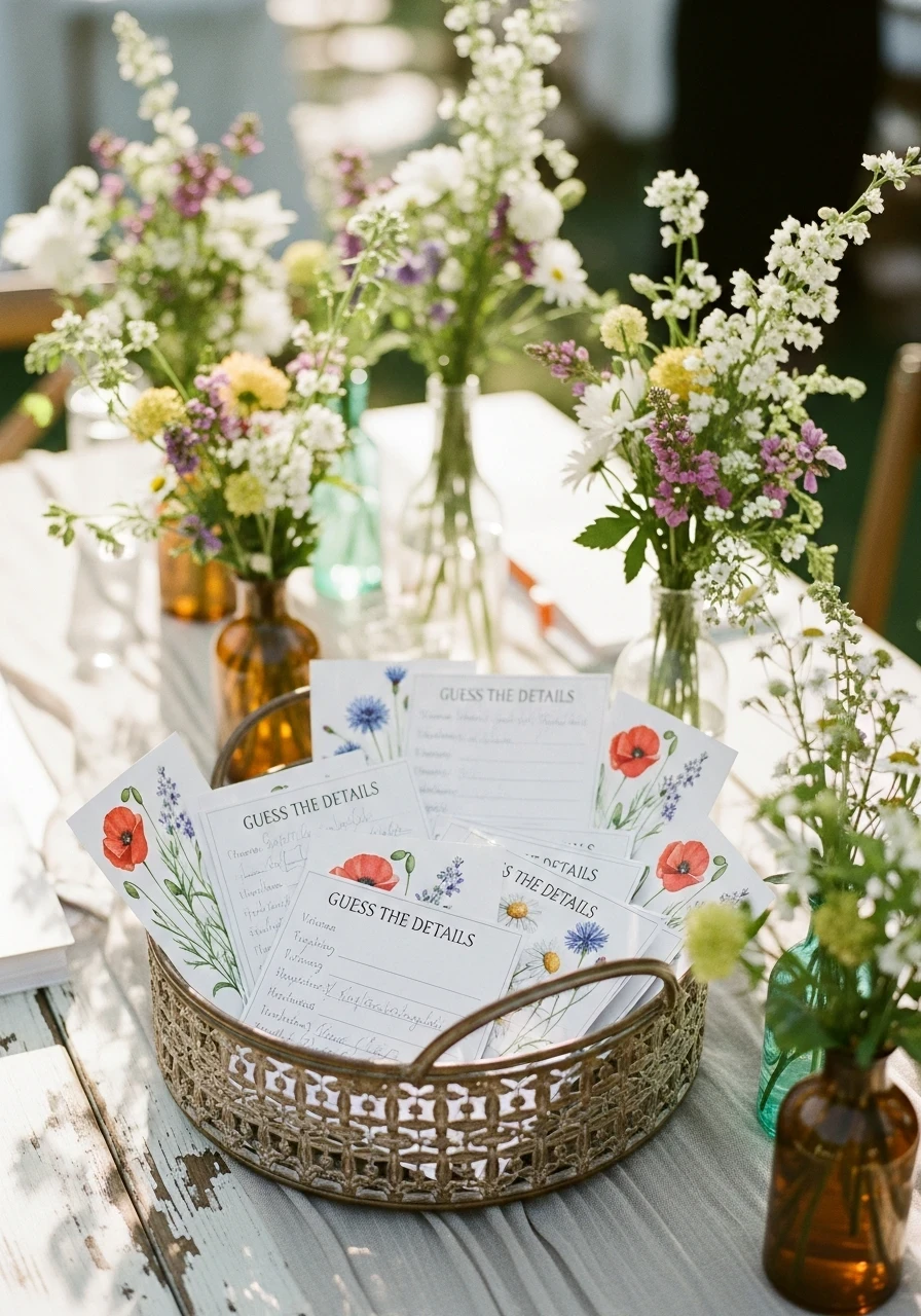 A rustic baby shower table with a basket of wildflower-themed game cards, surrounded by small bouquets of real wildflowers in mismatched glass bottles.