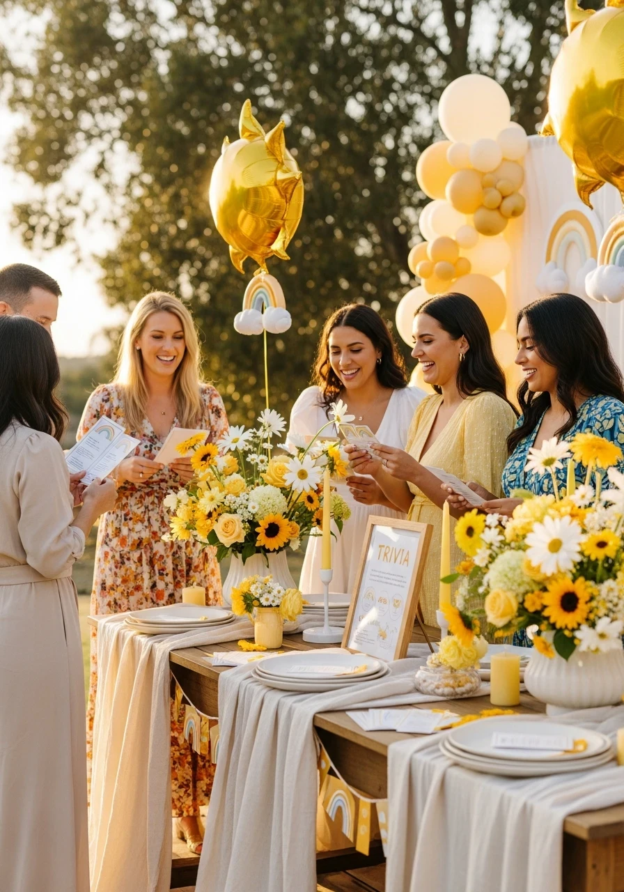 Guests at an outdoor 'Here Comes the Sun' baby shower with large sunflower and daisy centerpieces on a wooden table.