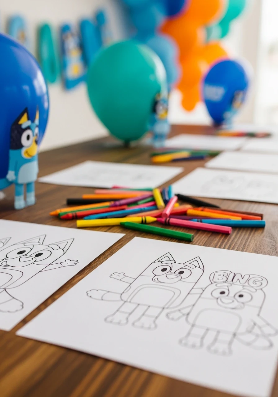 A Bluey-themed coloring station on a wooden table for a kid's birthday party, with coloring pages and crayons in the foreground.