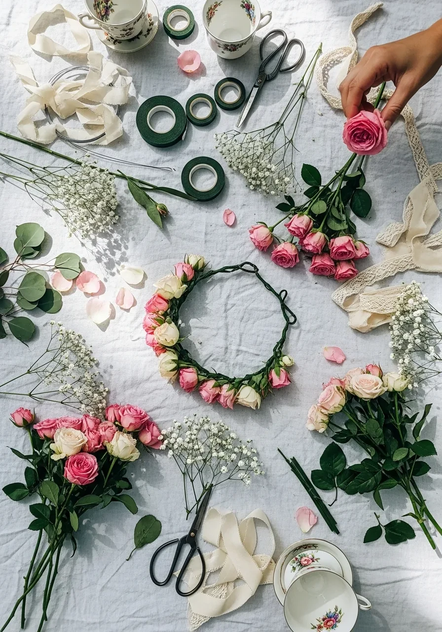 A flat lay of supplies for making DIY flower crowns, including roses, floral tape, and teacups, for a tea party bridal shower.