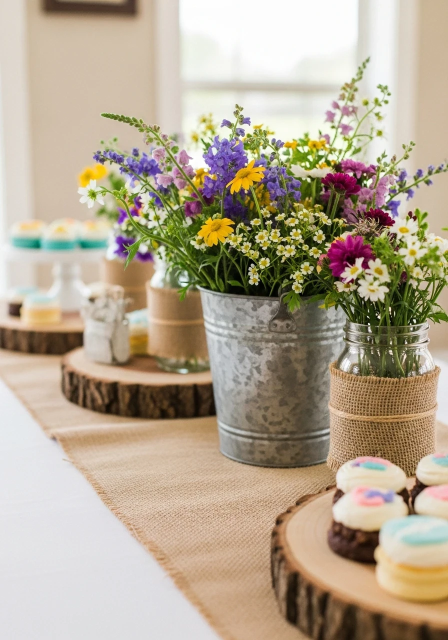 A rustic baby shower table centerpiece with wildflowers in a galvanized bucket and mason jars, arranged on a burlap runner with wood slices.
