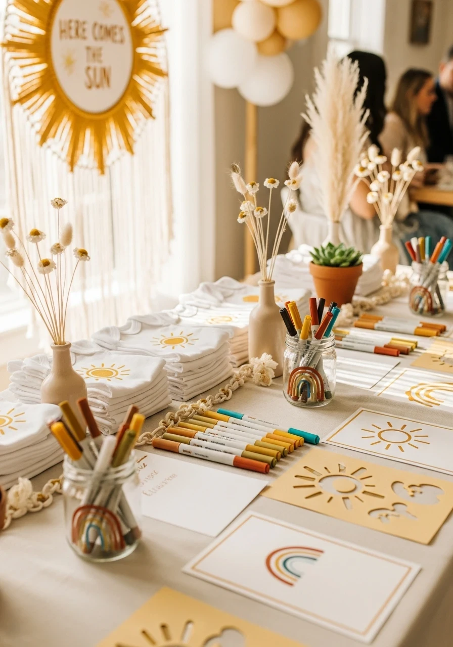 A 'Here Comes The Sun' baby shower activity table with stacks of white onesies, fabric markers, and sun and rainbow stencils for guests to decorate.