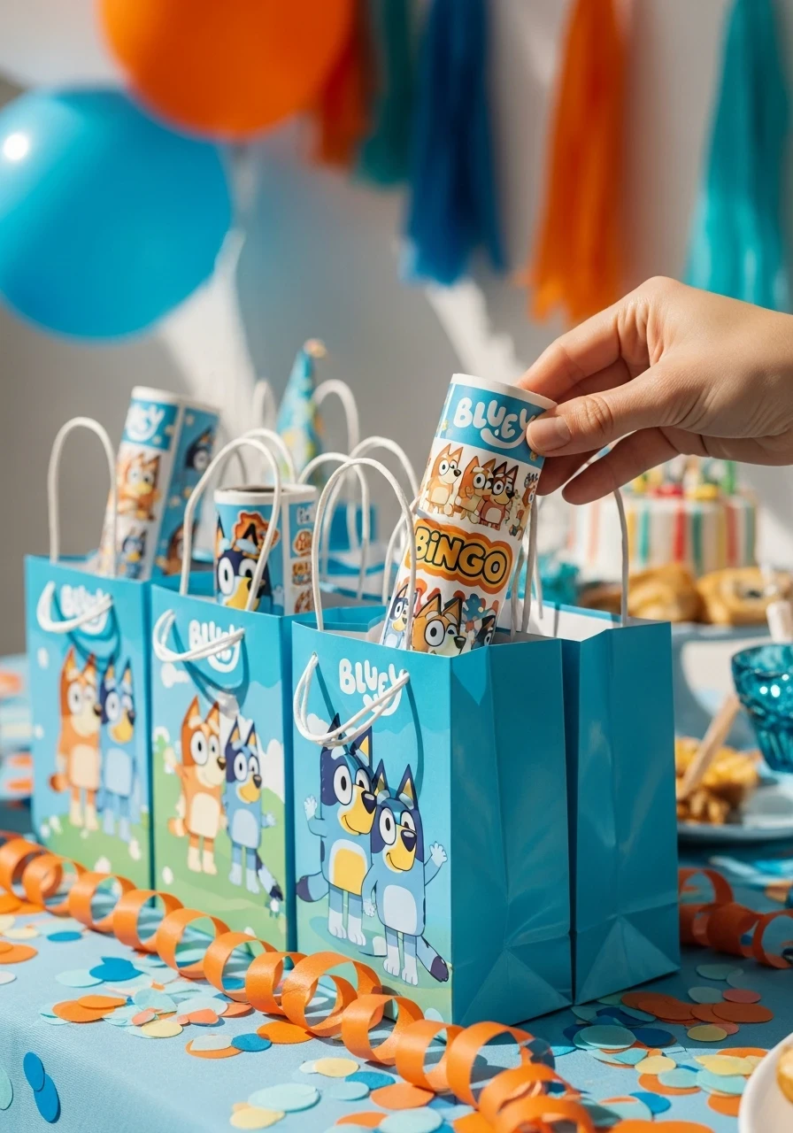 Bluey-themed party favor bags on a decorated table with blue and orange confetti.