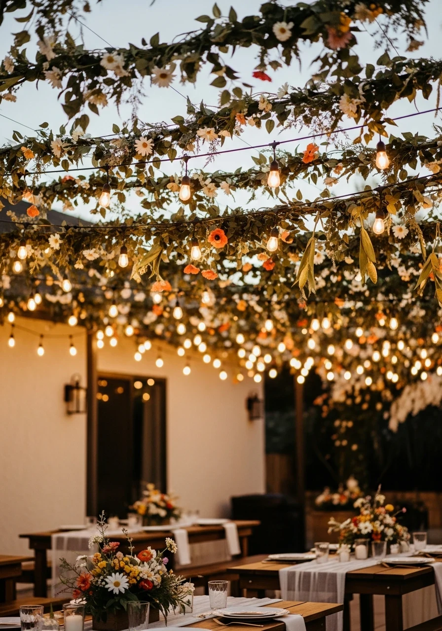 Overhead view of an evening baby shower with string lights and wildflower garlands creating a canopy above rustic wooden tables.