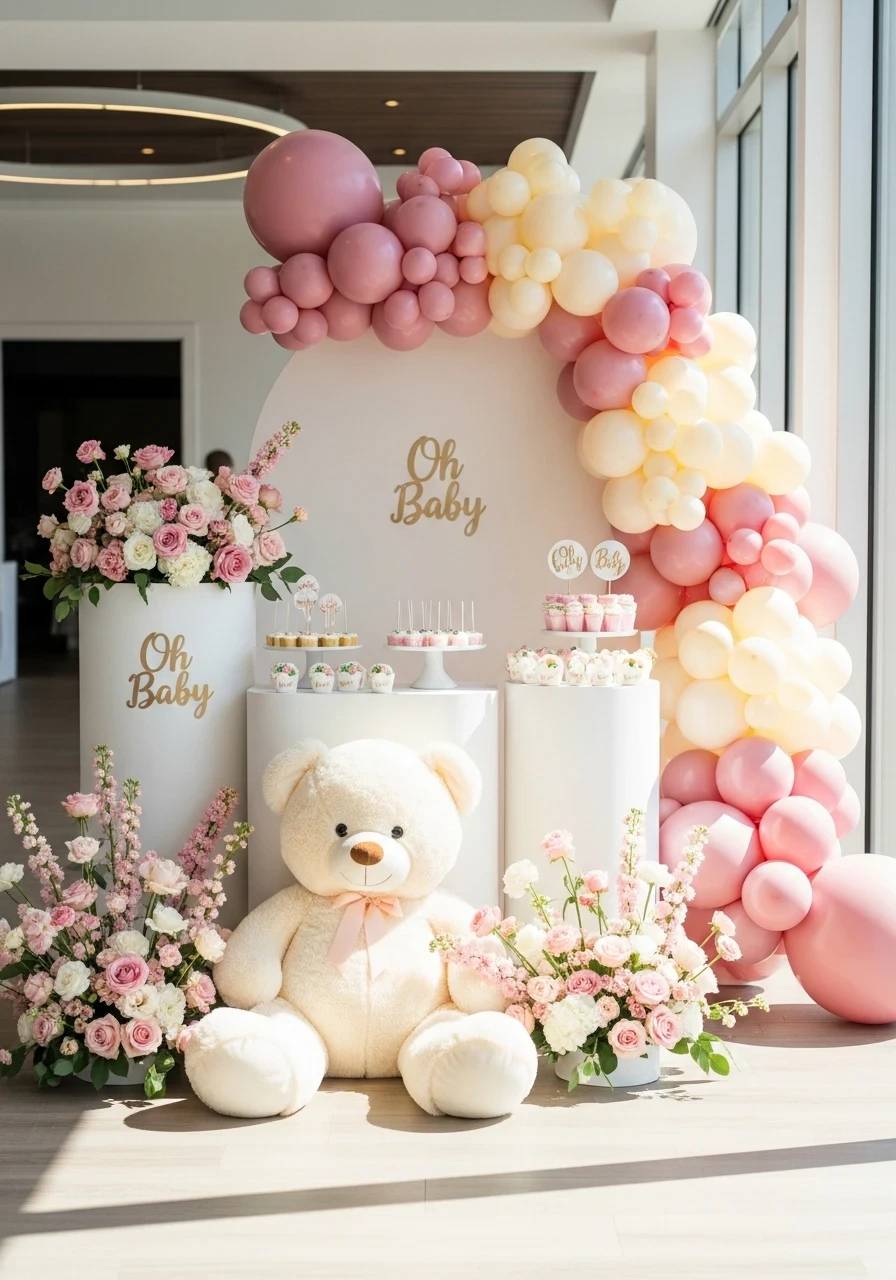 A 'we can barely wait' baby shower dessert table with a large cream teddy bear, a pink and ivory balloon arch, and floral arrangements.