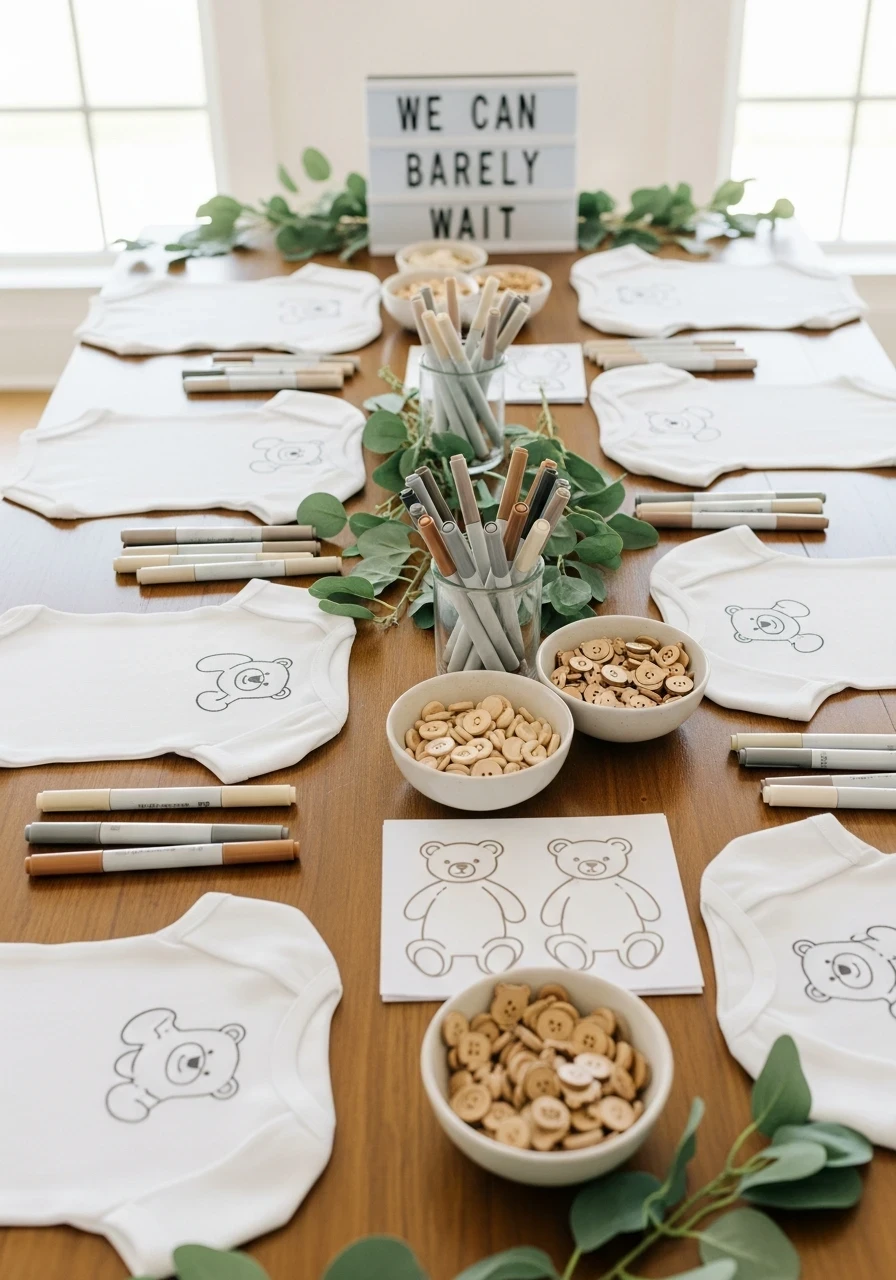 A baby shower activity table set up for a 'We Can Barely Wait' theme, with a lightbox sign, white onesies with teddy bear outlines, and fabric markers for guests to decorate.