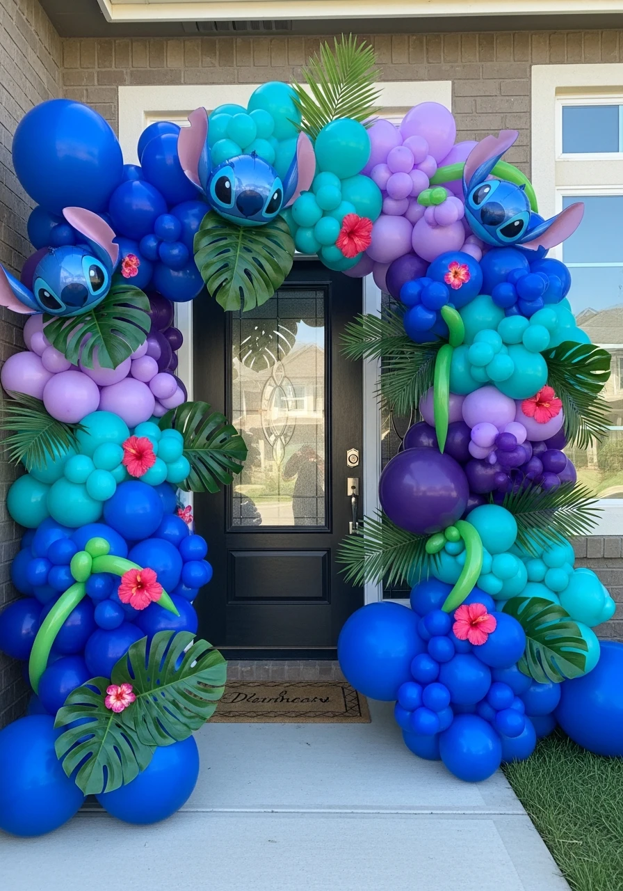 A large balloon arch in blues, purples, and teals framing a front door, decorated with Stitch character balloons, tropical leaves, and hibiscus flowers for a birthday party.