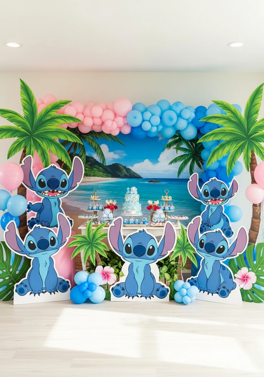 A Stitch-themed birthday party decoration featuring multiple large cardboard cutouts of Stitch framing a dessert table with a tropical beach backdrop.