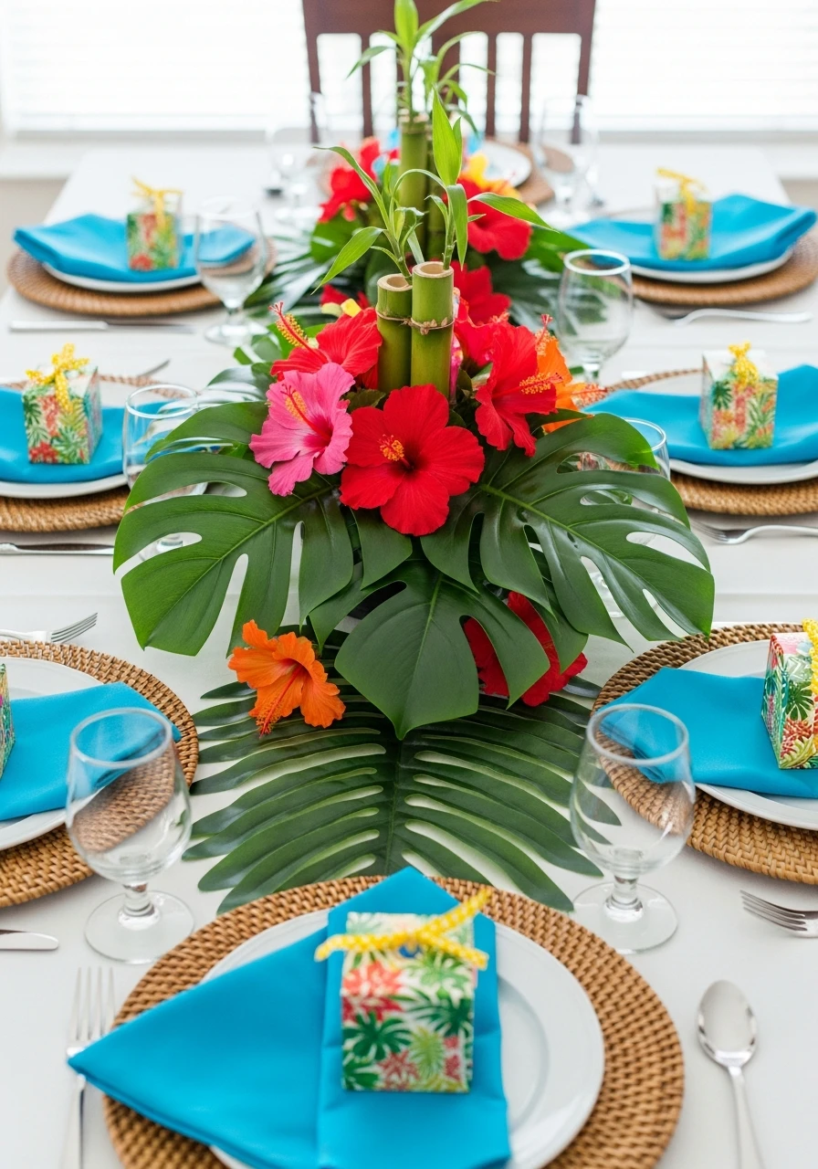 A tropical-themed birthday party tablescape with a hibiscus and monstera leaf centerpiece, woven chargers, and turquoise napkins, suitable for a Stitch party.