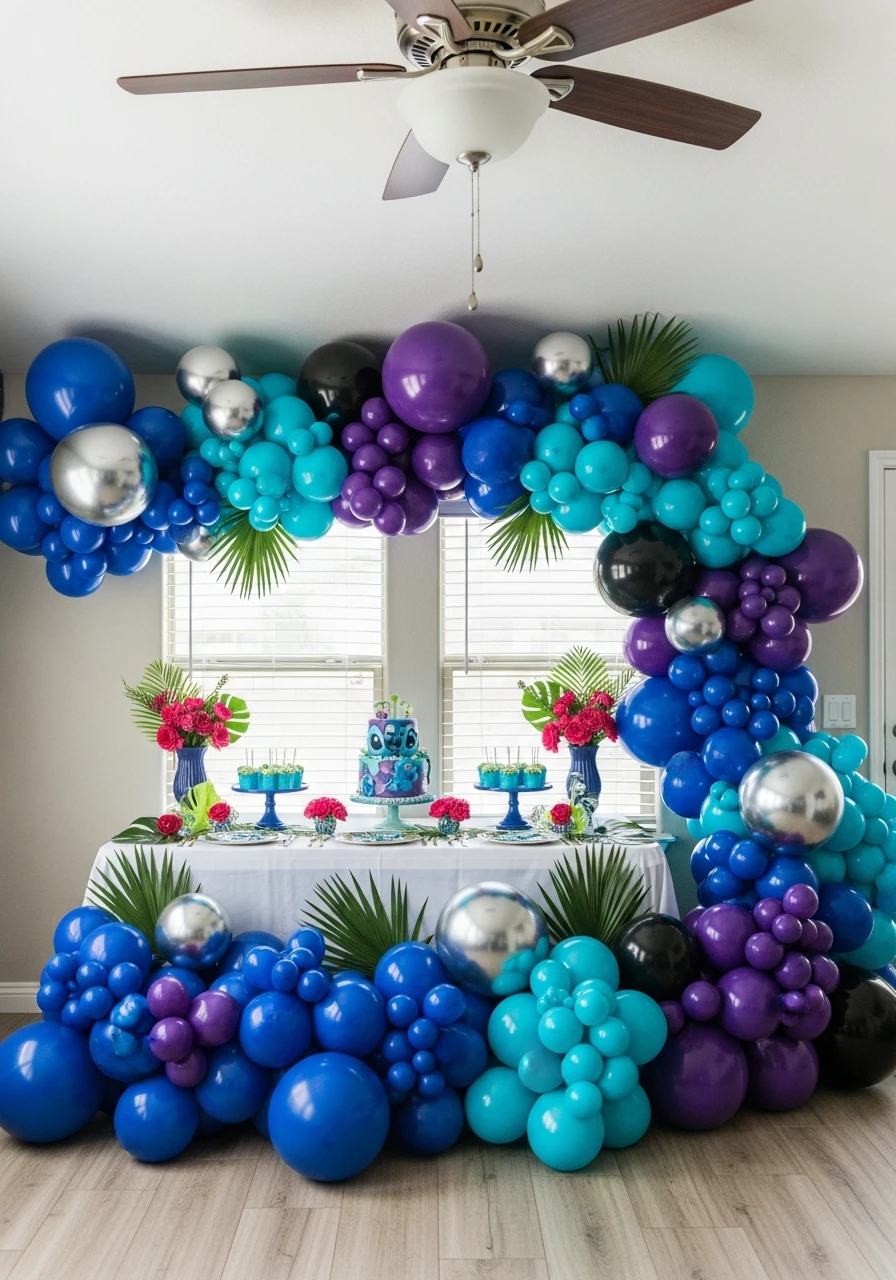 A Stitch-themed birthday party dessert table with a large balloon arch in shades of blue, purple, and turquoise.