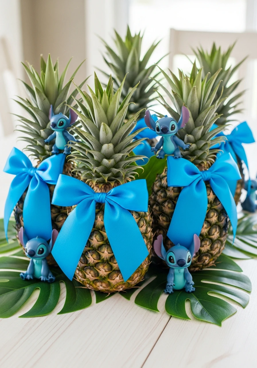 A group of whole pineapples decorated with bright blue bows and small Stitch figurines, arranged as a party centerpiece on a white table.
