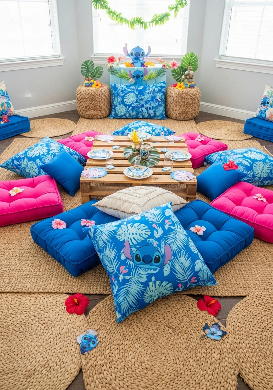 Stitch-themed birthday party with a low pallet table and vibrant blue and pink floor cushions on a jute rug.