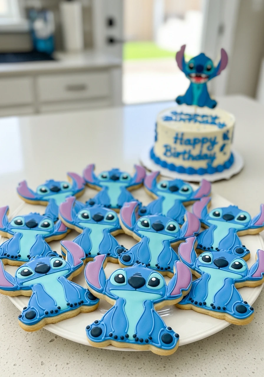 A platter of custom sugar cookies shaped like Stitch, with a Stitch-themed birthday cake in the background.