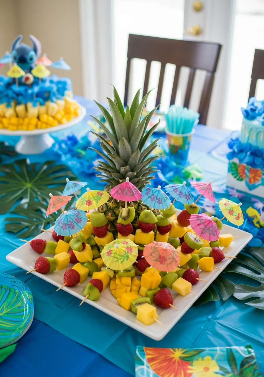 A Stitch-themed party food table with a platter of tropical fruit skewers arranged around a pineapple and a fruit cake topped with a Stitch figurine.