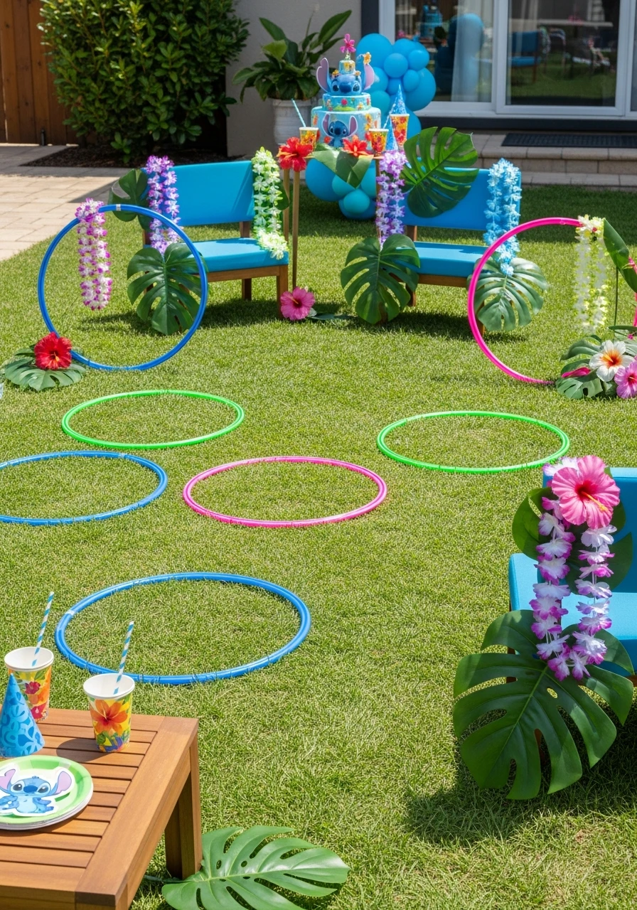 An outdoor Stitch-themed birthday party with a cake, tropical decorations, and a hula hoop game on the grass.
