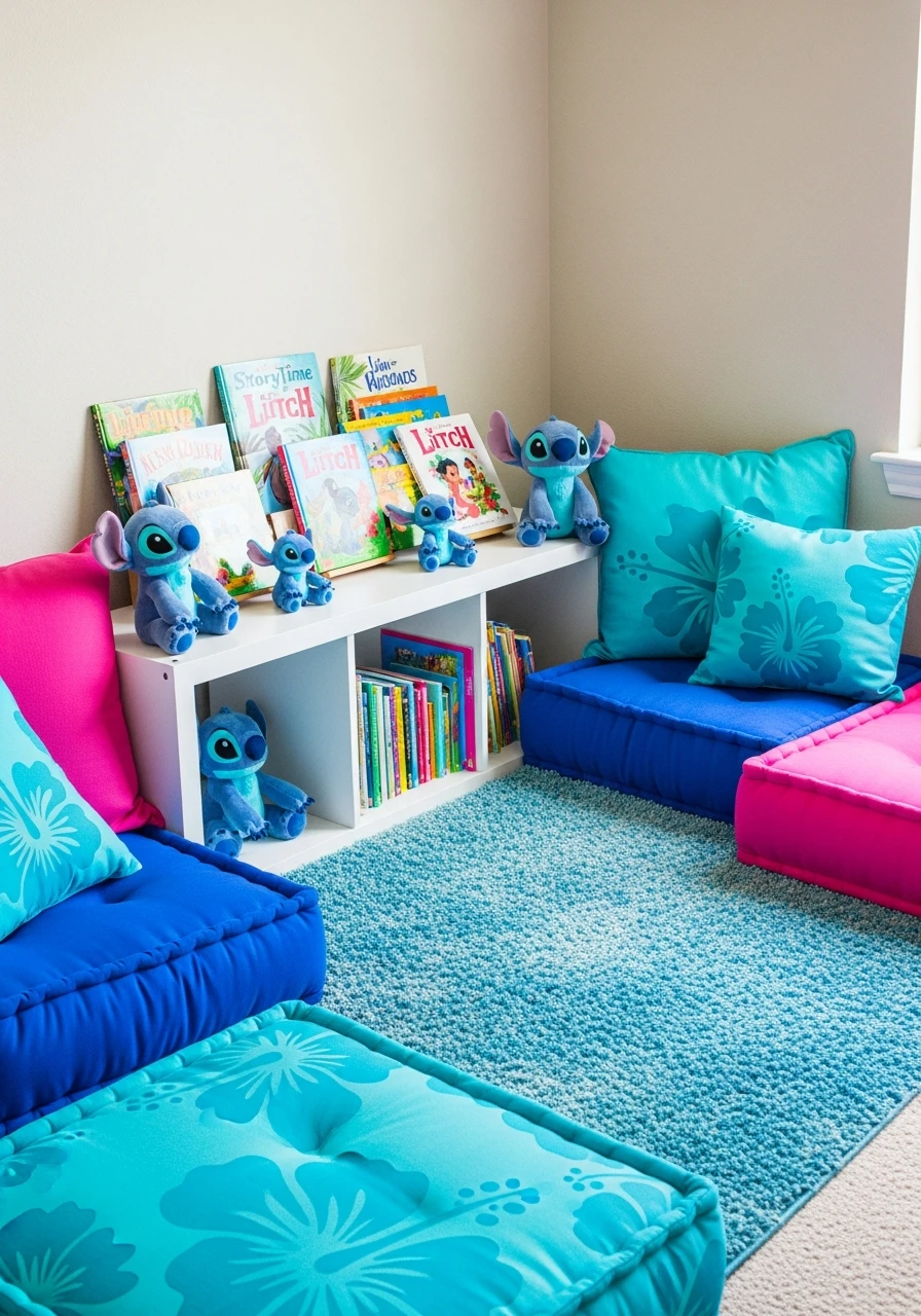 A Stitch-themed party activity corner with a white shelf holding books and plush toys, surrounded by blue and pink floor cushions.