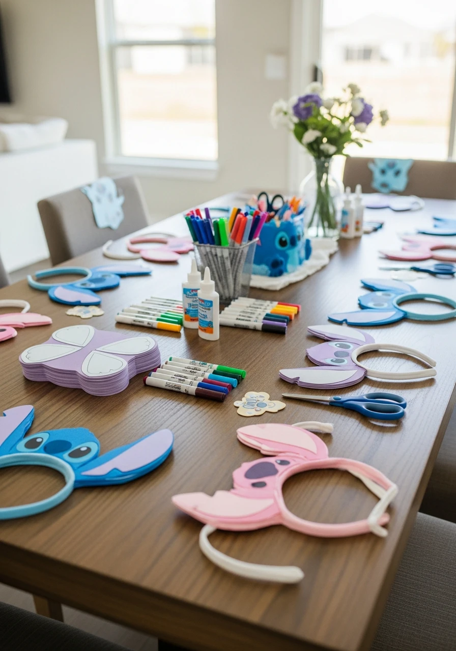 A party craft table set up for making DIY Stitch and Angel headbands with blue and pink foam cutouts, markers, and glue.