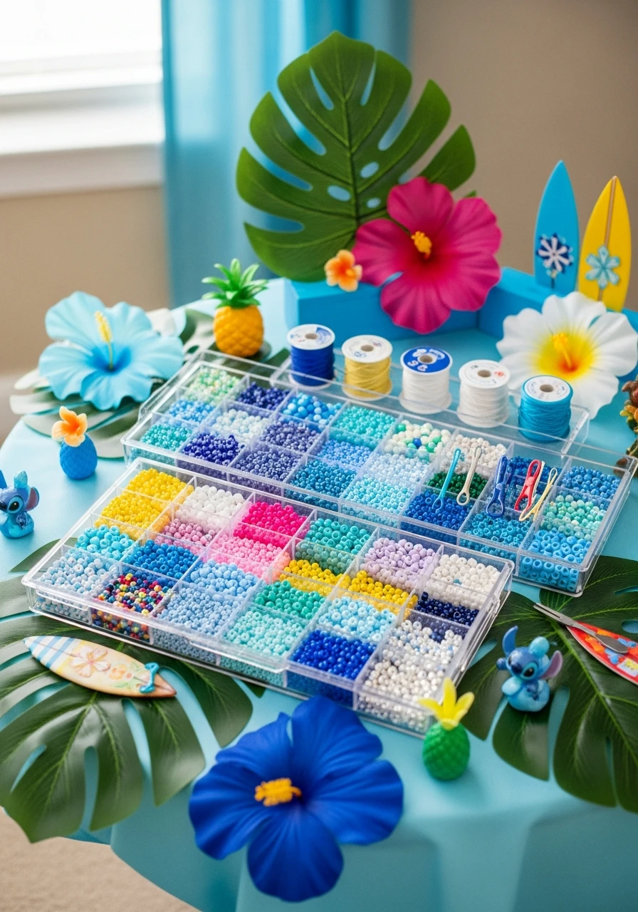 A Stitch-themed party activity station with organized trays of colorful beads for making bracelets.