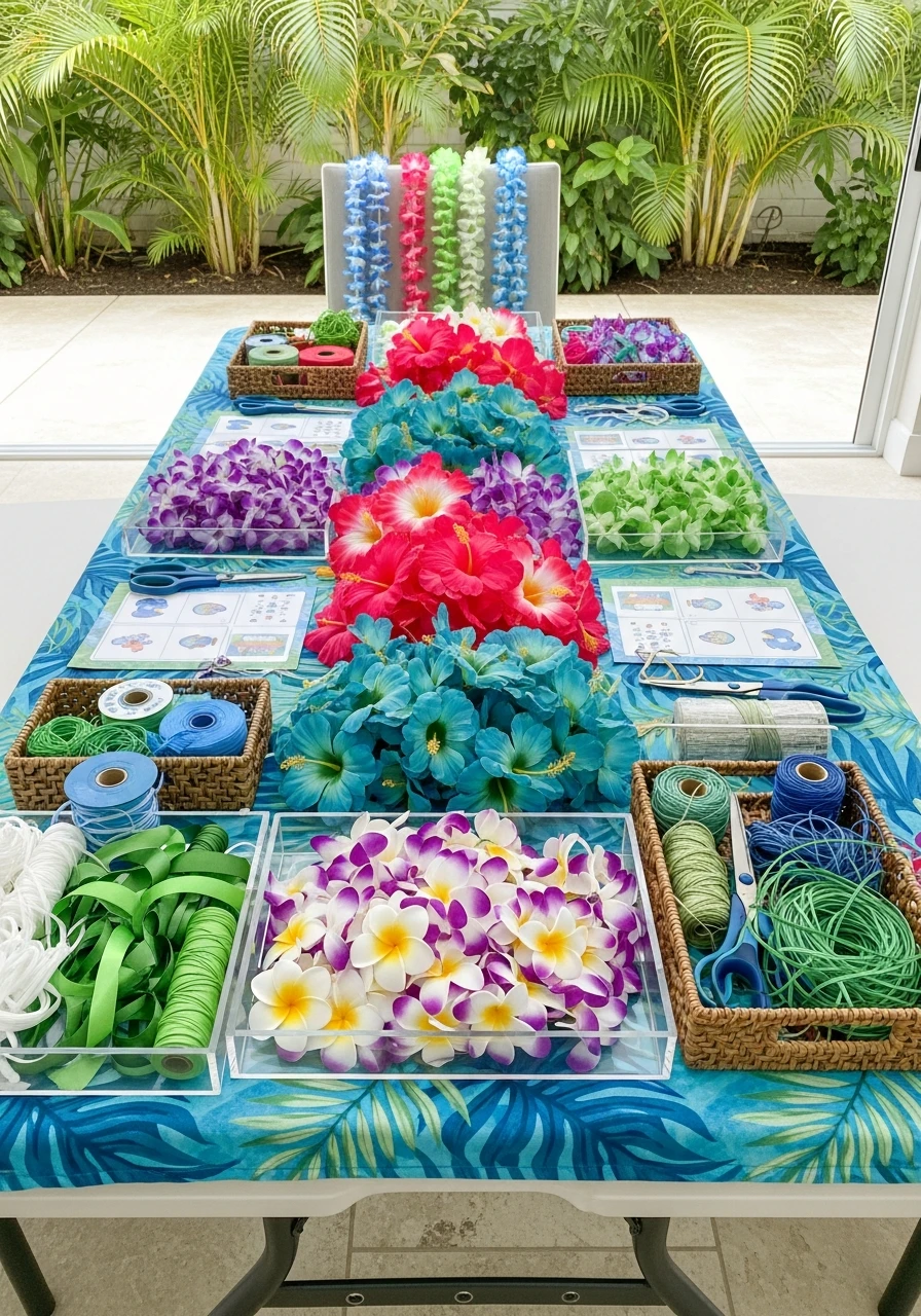 A long table set up as a DIY lei-making station for a Stitch-themed party, with colorful faux flowers and craft supplies.