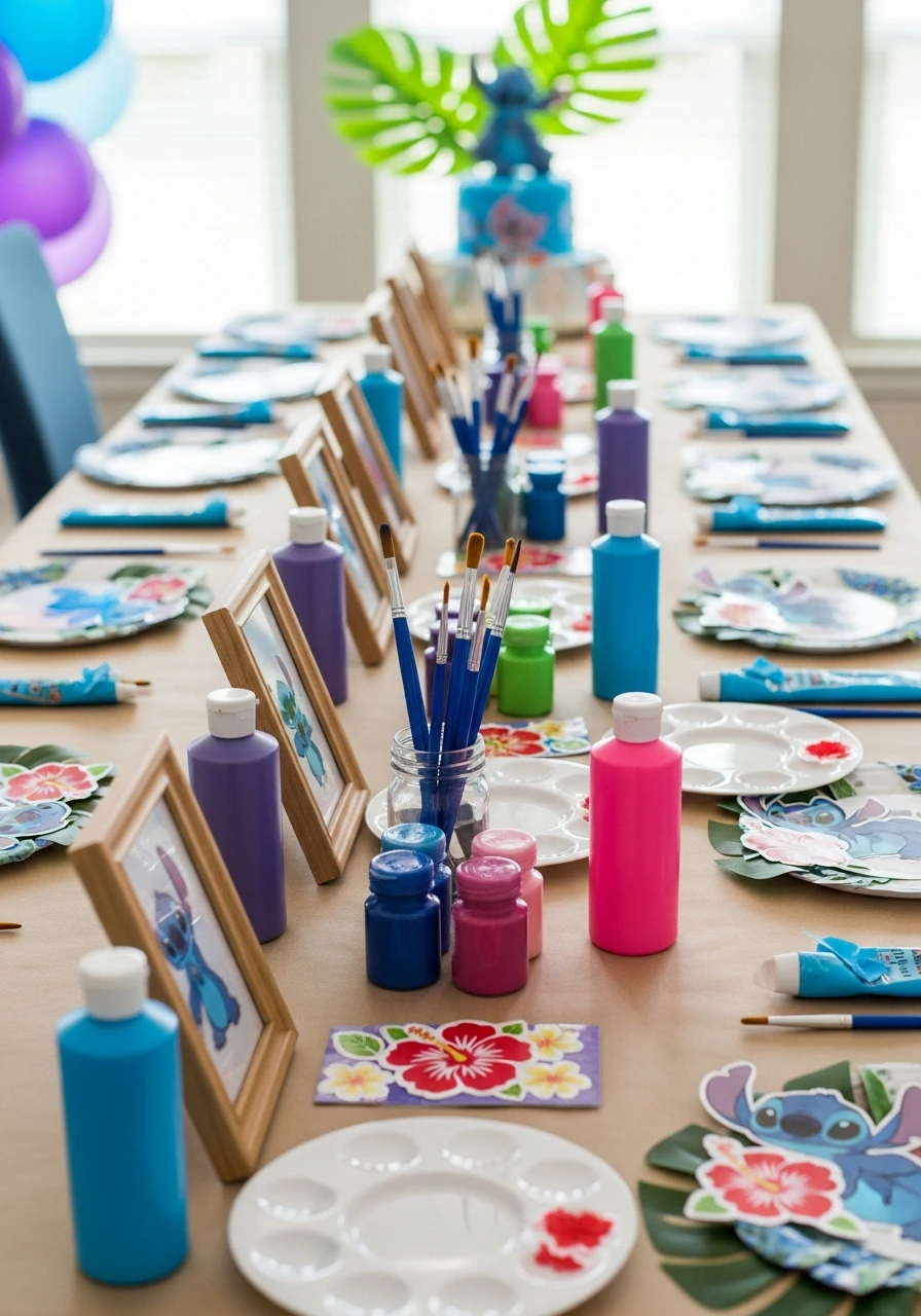 A long party table set up for a kids' Stitch-themed painting activity with individual art supplies at each seat.