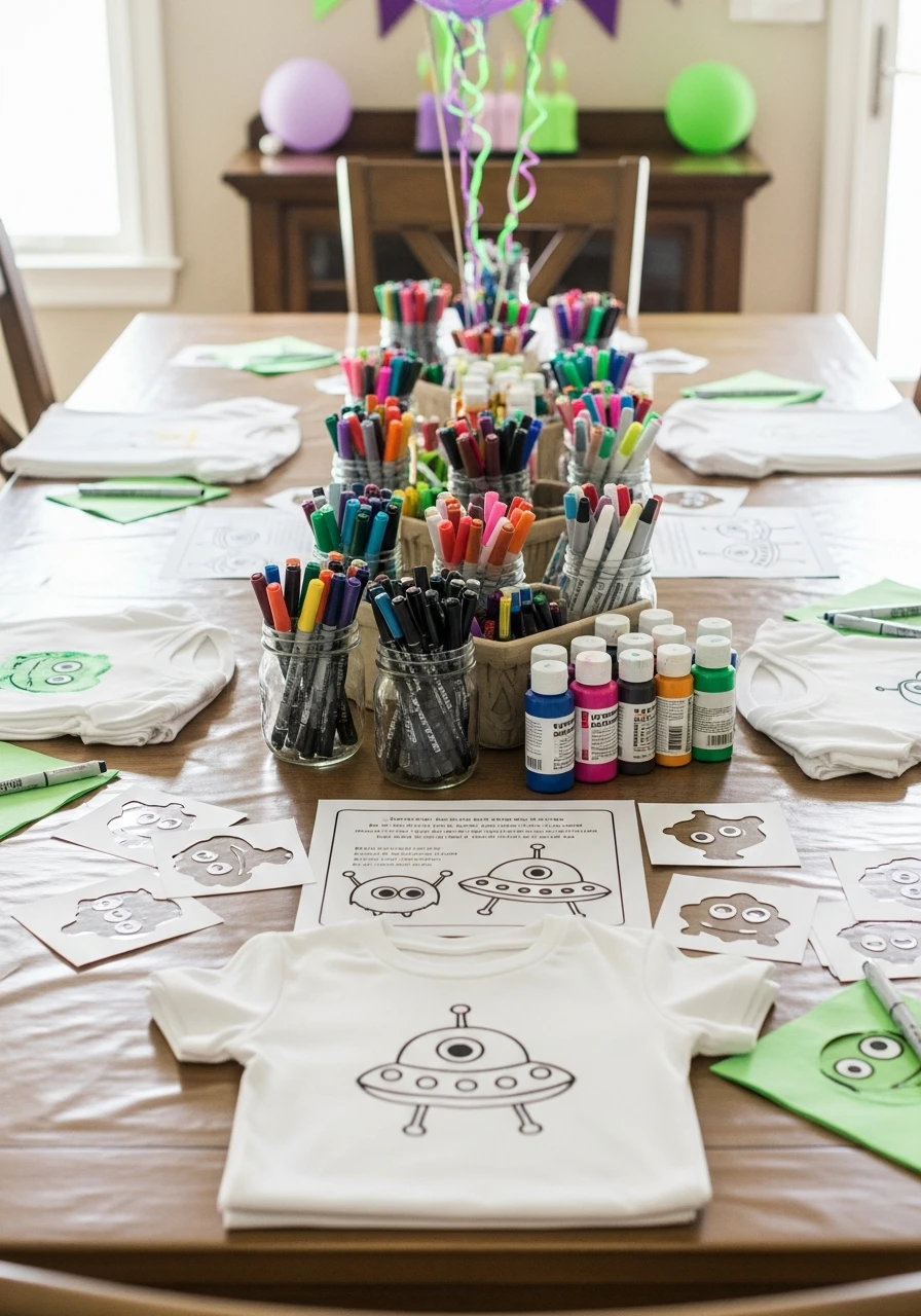 A party craft table set up for a t-shirt decorating activity with markers and paints.