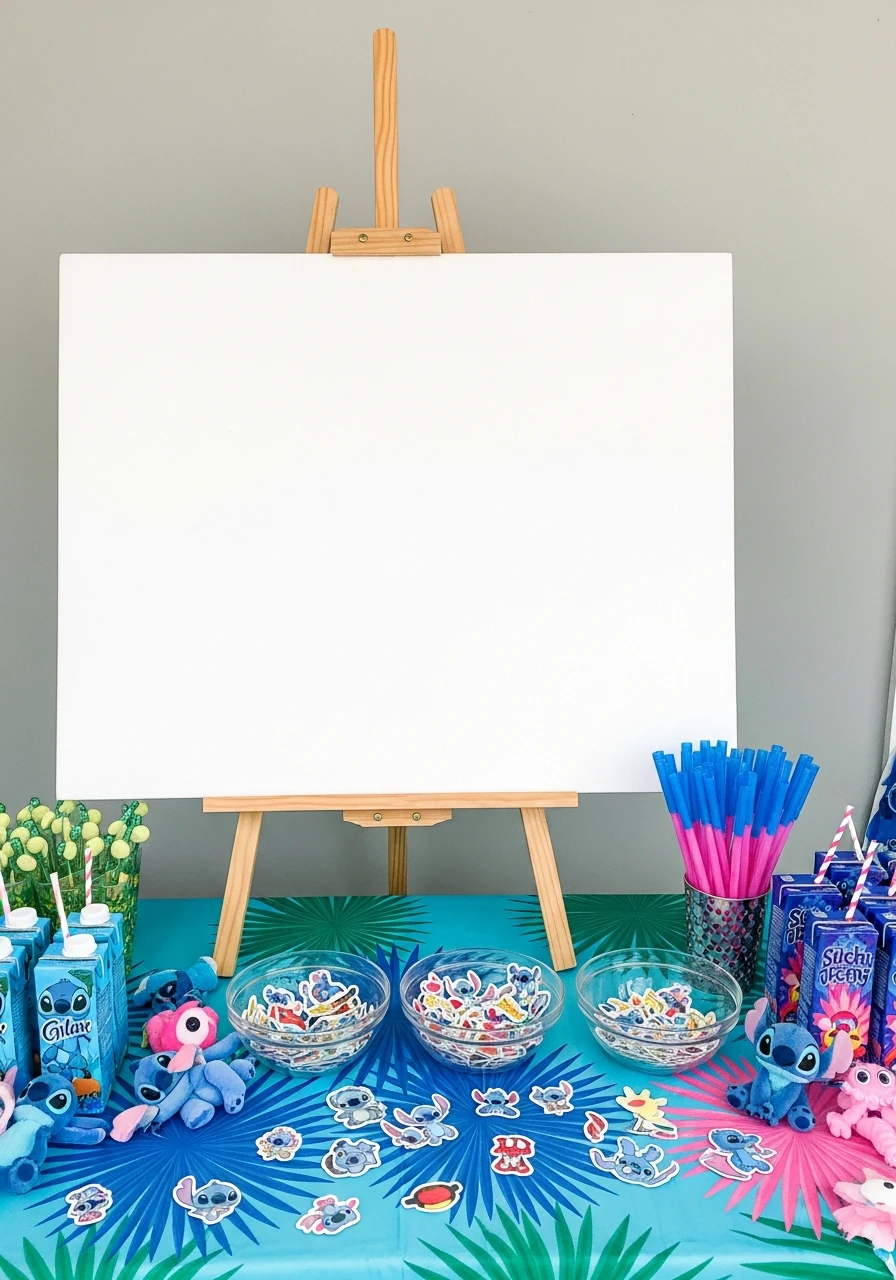 A Stitch-themed birthday party activity station with a blank canvas on an easel and bowls of stickers.