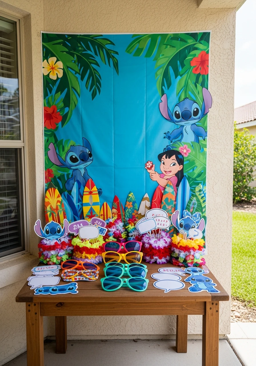 A Stitch-themed birthday party photo booth station with a tropical backdrop and a table of party favor props like sunglasses and leis.