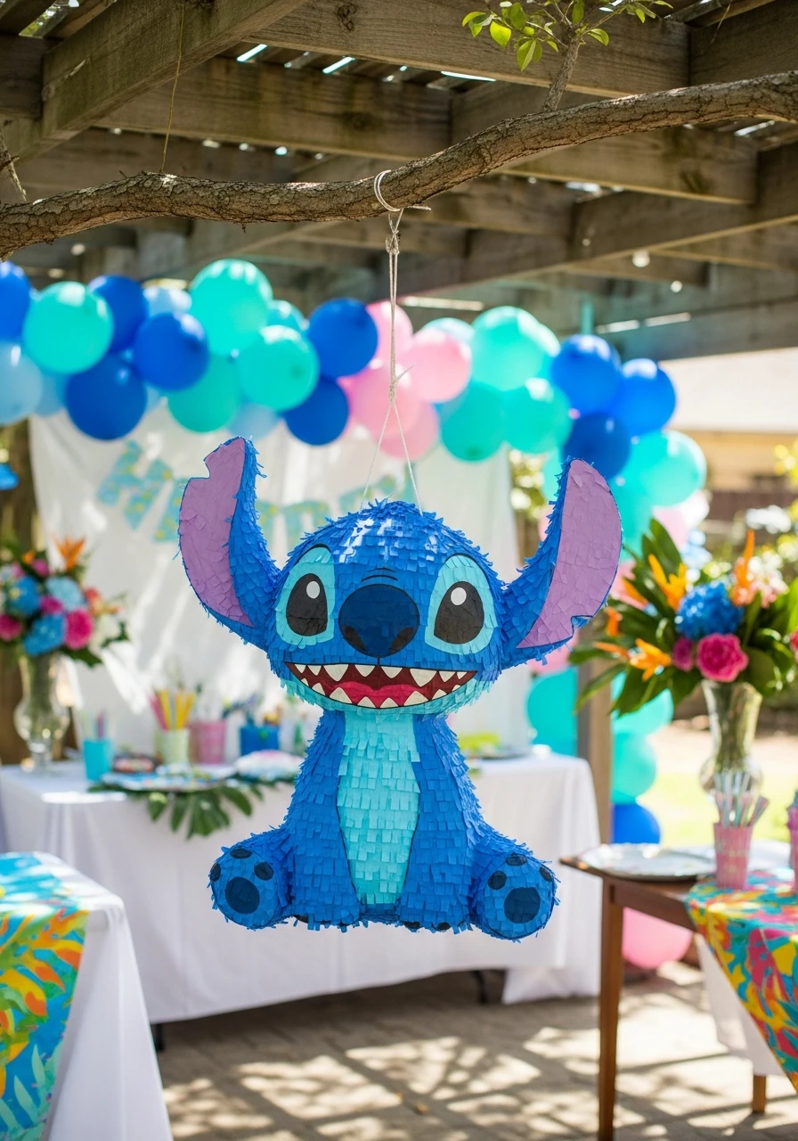 A large, blue and purple crepe paper Stitch piñata hanging from a tree branch at an outdoor birthday party.
