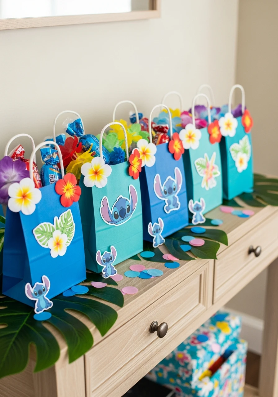 A row of blue Stitch-themed party favor bags decorated with tropical flowers.