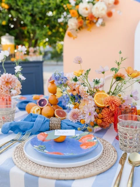 Citrus Striped Tablescape italian summer party theme ideas