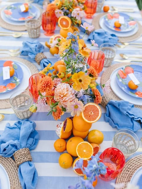 Citrus Striped Tablescape italian summer party theme ideas