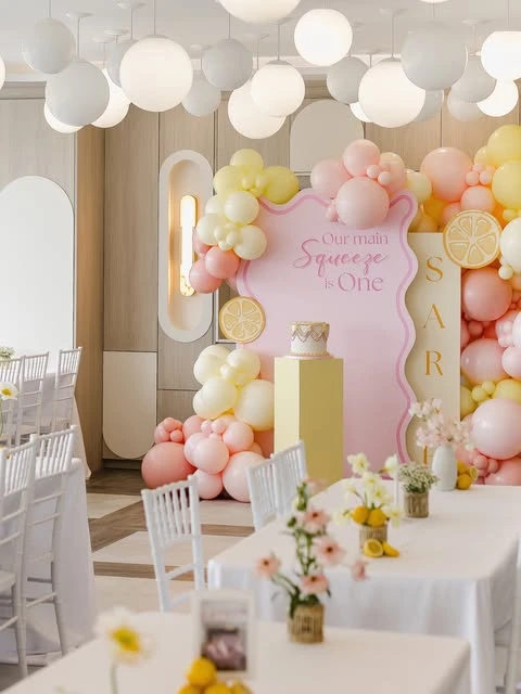 Custom Layered Backdrops lemon birthday theme ideas
