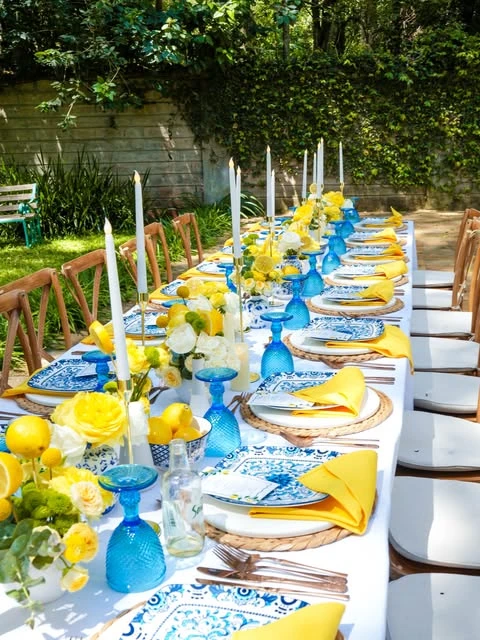 Blue and Yellow Tablescapes lemon birthday theme ideas