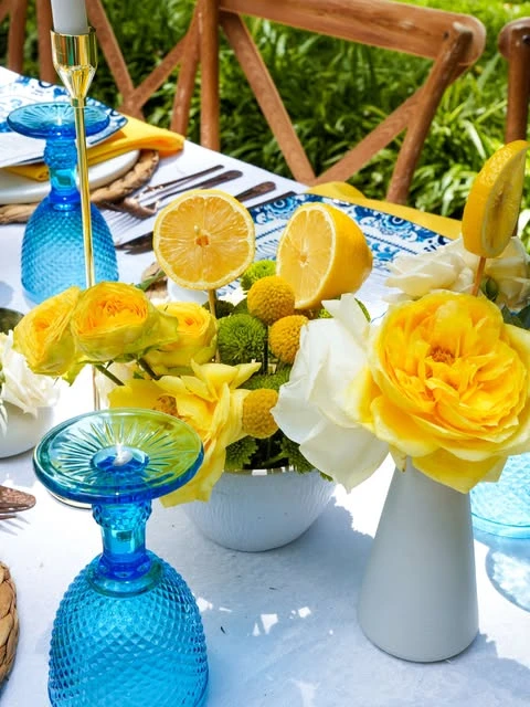 Blue and Yellow Tablescapes lemon birthday theme ideas