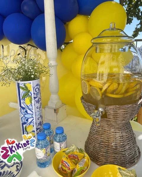 Wicker Drink Station lemon birthday theme ideas