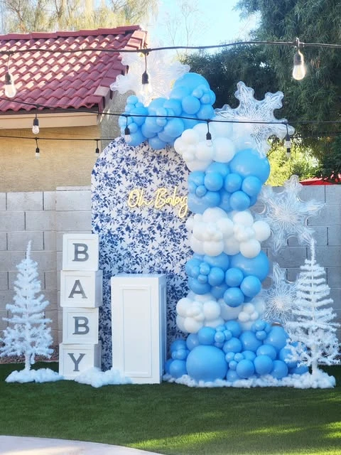 Patterned Arch Backdrop winter baby shower ideas