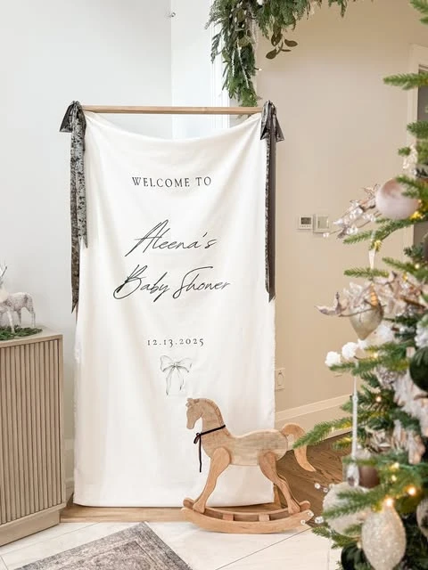Linen Welcome Sign winter baby shower ideas