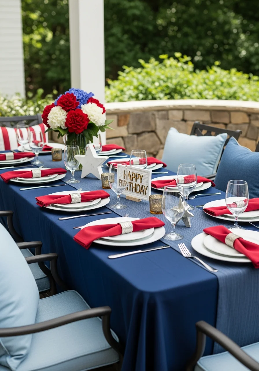 Outdoor birthday table setting with navy, red, and white decor.
