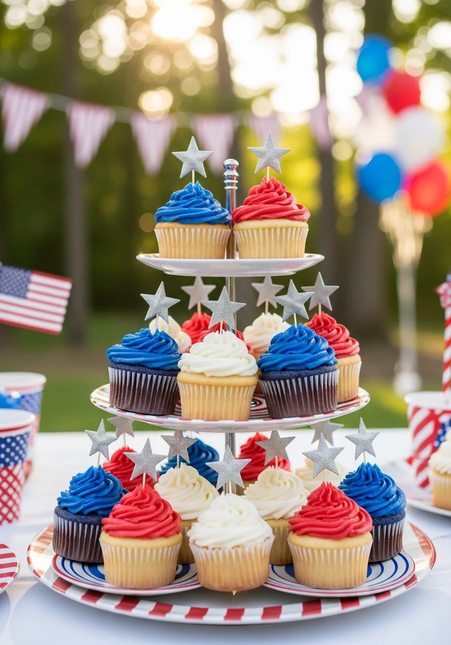 Tiered stand of cupcakes with blue frosting and silver stars.