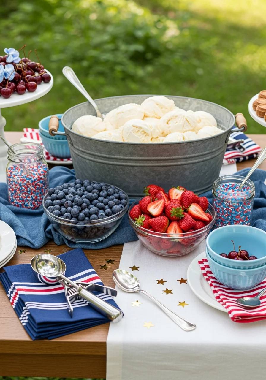 Ice cream sundae station with fresh berries and sprinkles.