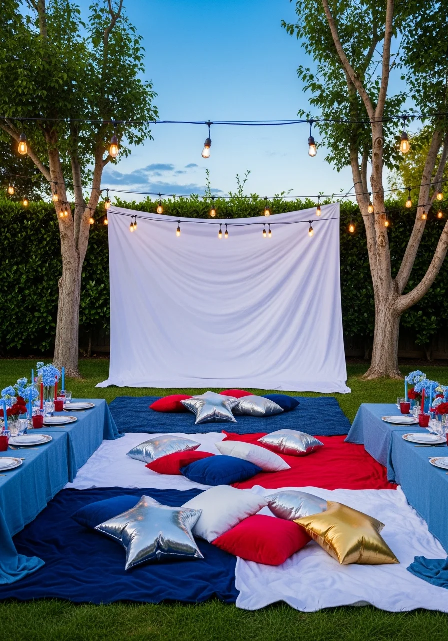 Outdoor movie setup with a screen and blankets on the lawn.