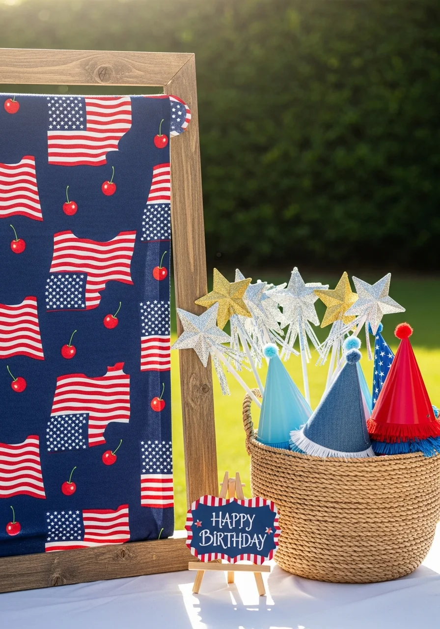 Photo booth area with a flag backdrop and fun props.